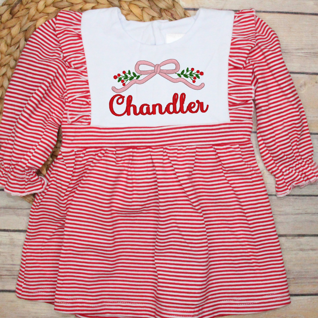 Red Pinstripe Dress - CAN DO NONE CHRISTMAS MONOGRAM