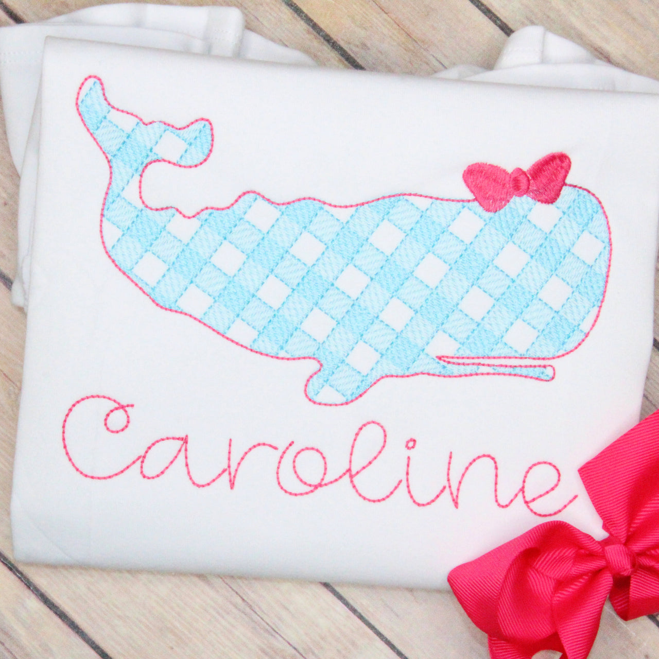 Gingham Whale with Bow Embroidery Design