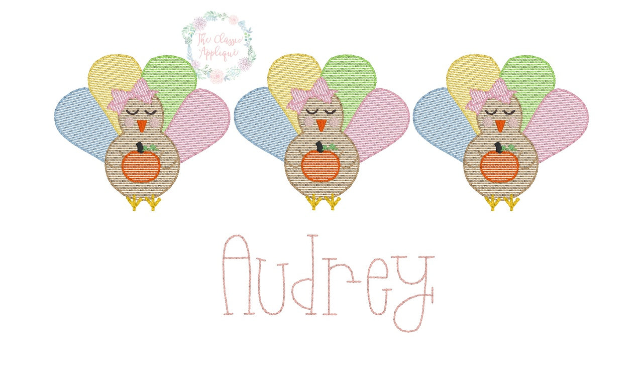 Girl Turkeys and Pumpkins