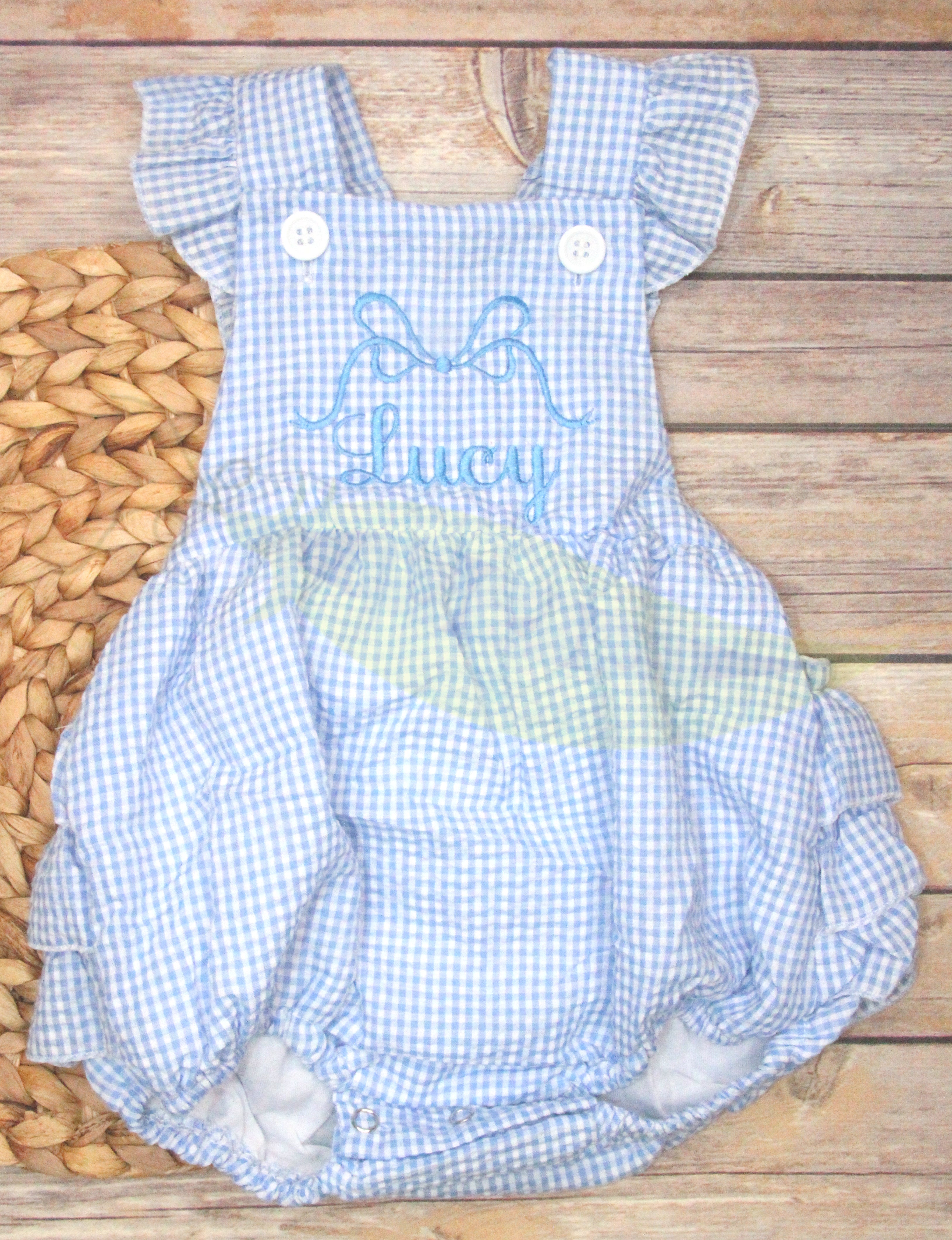 Blue Seersucker Ruffle Butt Sunsuit