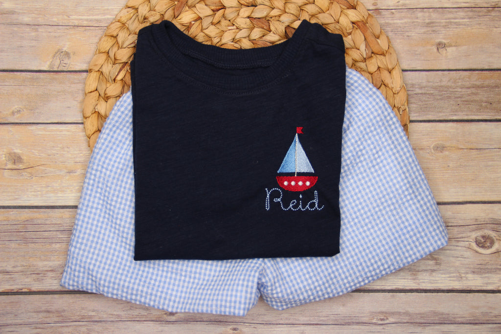 Blue Sailboat Gingham Seersucker Short Set
