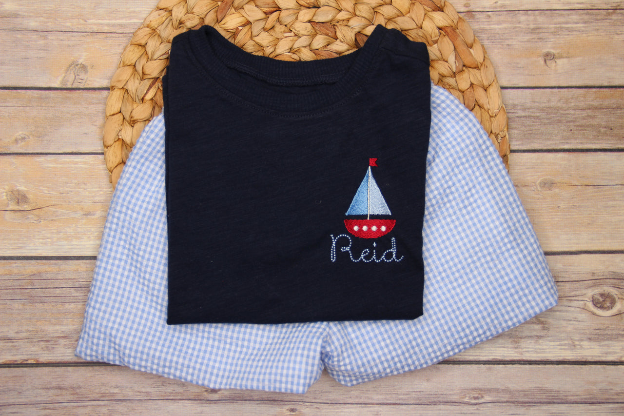 Blue Sailboat Gingham Seersucker Short Set